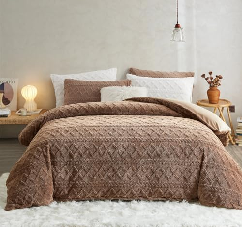 Sedefen Flauschig Bettwäsche 135x200 cm 4 Teilig Khaki Biber Flanell Fleece Geometrischmuster Cashmere Touch Winterbettwäsche,2 Warme Bettbezug und 2 Kissenbezug 80x80cm mit Reißverschluss