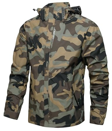 Hikevitang Men's Lightweight Waterproof Rain Jacket,Shell Hooded Outdoor Raincoat Hiking Windbreake jacket(R6226-Camo-AG-S)