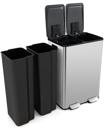 GIANTEX Cubo de Basura con Pedal (2 X 30 L), Cubo de Reciclaje Caja Desodorante, Tapa Lisa y Silenciosa, 2 Cubos Extraíbles, Papelera de Reciclaje de Cocina (Plata)