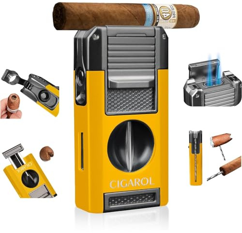 CIGAROL Mechero 5 en 1, 2 llamas de chorro, con cortador de puros, no contiene gas, ideal como regalo para hombres (amarillo)