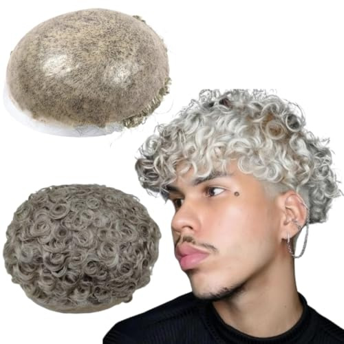Toupet da Uomo con Capelli Umani in Poliuretano - Parrucca Ondulata 10 mm, 10 x 8 (#1B80 20% Nero + 80% Bianco)