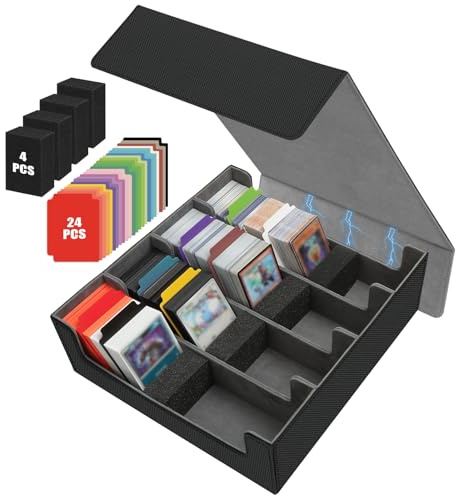 Karten Box für 2800+ Karten,Sammelkarten Box mit 10 Kartenteiler,Sammelkarten-Aufbewahrungsboxen PU Leder Commander Gathering Deck Box Karten Aufbewahrungsbox für MTG,TCG,Sportkarten (Schwarz & Grau)