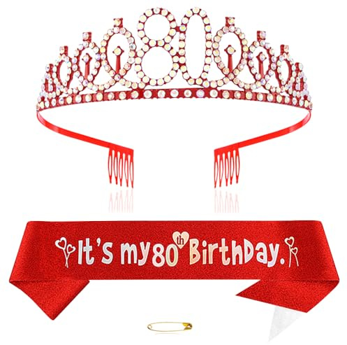 Diadème rouge pour 80e anniversaire pour filles - Couronne de princesse en cristal - Bandeaux d'anniversaire - Décorations d'anniversaire - Kit de diadème d'anniversaire pour fille - Accessoires de