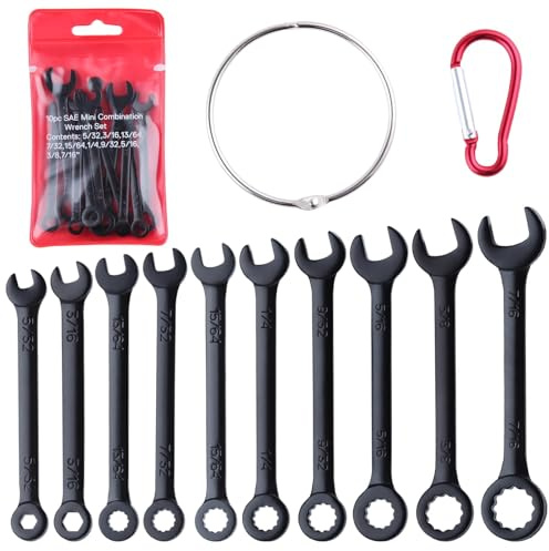 GOLD DEER 10PCS Mini Wrench Set Standard SAE 5/32-7/16 Ignition Wrenches Open End and Box End Combination Wrench Set with Portable Pouch and Key Rings, Black Electrophoretic Coating