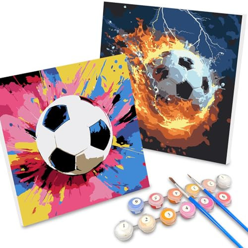 SUNXBUK Pintar por Numeros Fútbol 2 Pcs,Pintura por Números Niños con Marco,DIY Pintar por Numeros,Kit de Pintura al óleo de Lienzo DIY para con Pinceles,para DIY Decoracion Pared(20 * 20cm)