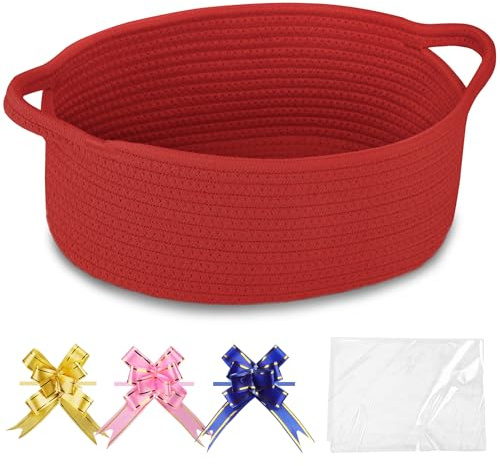 COMSE Piccolo cestino intrecciato con sacchetti regalo e nastri, cesto regalo vuoto, organizer per la cameretta dei bambini, corda di cotone, 30,5 x 20 x 13 cm, rosso