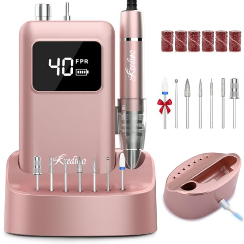 Kredioo Brushless Nail Drill 40,000RPM with 3-in-1 Charging Base Stand, Professional Low Noise Acrylic Gel Nails Electric Nail File, Home Salon Portable Manicure E File Kit, Gold