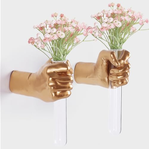 2 Pieces Wall Sculptures, Hands Vase Home Decor, Wall Mount Art Sculpture, Unique Wall Art Statue, Funky Flower Vase Decorations, Modern Eclectic Hanging Decor,Hands Statue (Gold)