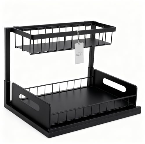 Ribech Organizador de Cocina Bajo Fregadero, Estante Extraíble con 2 Niveles en L, Metal Resistente, Fácil Montaje, Negro - Maximiza Espacio de Almacenamiento