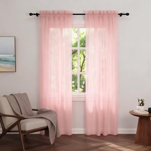 Zdada Net Curtains for Windows 72 Drop, Pink Voile Curtains 2 Panels | Slot Top Rod Pocket Semi Transparent Sheer Curtain Short Light Filtering Net Curtain for Living Room Kitcken W60 x L72 Inch