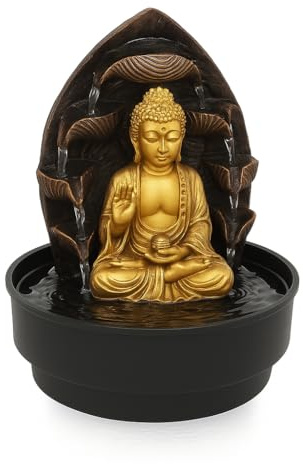 Fuente Decorativa Buda Zen con Cascada, Estatua Dorada, Base Negra, 21,5 x 21,5 x 29 cm