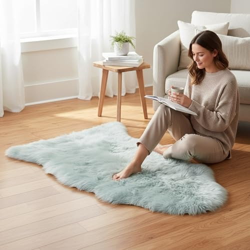 Luxury Genuine Sheepskin Rug – 100% Real Wool Natural Soft Silky Fluffy Hide, Premium Sheepskin Throw for Bedroom, Sofa or Floor, Warm & Breathable Home Décor Accent (90 x 60 cm) (Duck Egg)
