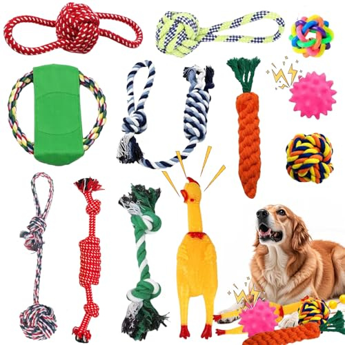 Aoksily Set di 12 giocattoli per cani, robusti giocattoli per cani, giocattolo da masticare per cani di piccola taglia media, set da gioco interattivo indistruttibile, nodo di cotone