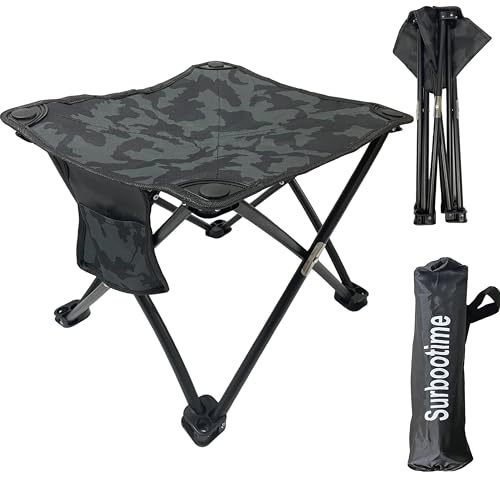 Portable folding camping stool, 35*35*35 cm. Lightweight outdoor chair, foldable garden stool, footstool. Suitable for fishing, picnics, beach barbecues. With side pockets (Black camouflage)