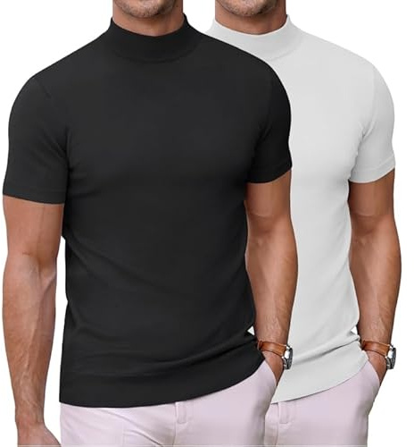 COOFANDY Herr Mock Turtle Neck T-shirt Kortärmad Hög hals T-Shirt Stickad Topp Sommar Stretchig Tee Slim Fit
