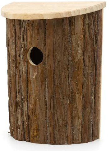 CKB LTD Birdhouse Natural Bark Wooden Bird Nesting Box, Easy Access Rustic Nest Box with Hinged Lid, 3.2cm Entrance Hole, 24.5x19x12cm, for Small Garden Birds