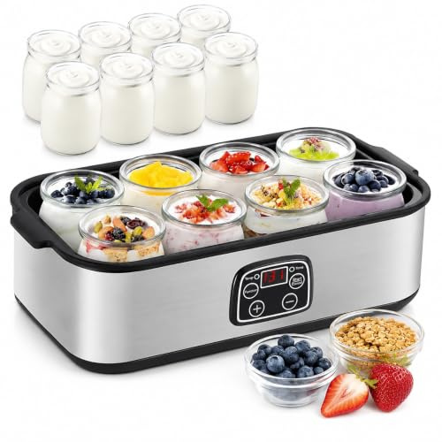 Yoghurtmaskin med 8x180ml glasburkar, 1400ml | Yoghurtmaskin, 20-55°c, Rostfritt stål, LED-display, För mejeriprodukter, Natto