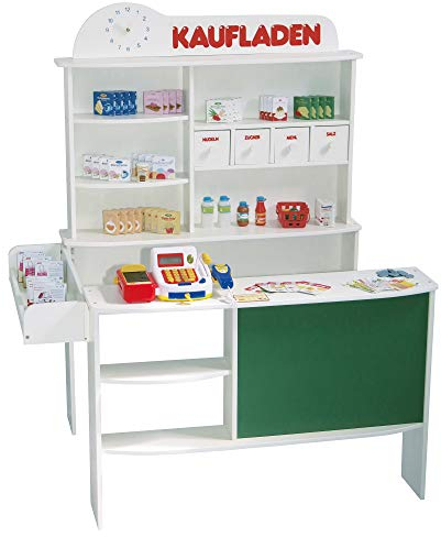 roba Kaufladen, inkl. Kaufladenzubehör, Holz weiß, mit 4 Schubladen, Uhr, Tafel, Theke & Seitentheke