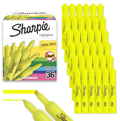 Sharpie Tank Style Highlighters, Chisel Tip, Fluorescent Yellow, 36 Count