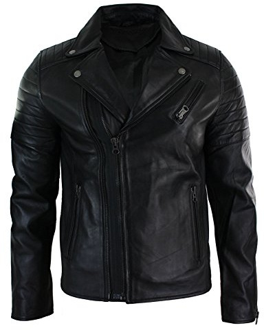 Infinity Chaqueta Ajustada para Caballero, Cuero autentico con Cierre de Cremallera en Cruz Tipo Retro Vintage Biker - Negro, Large