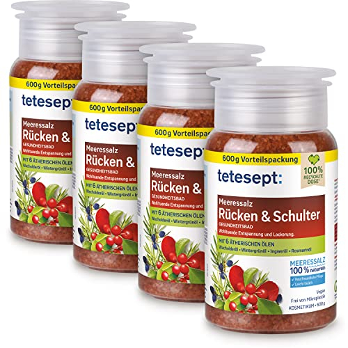 tetesept Meeressalz Rücken & Schulter – Gesundheitsbad für Entspannung & Lockerung mit 6 ätherischen Ölen – Wohltuender Badezusatz mit natürlichem Meeressalz – 4 x 600 g