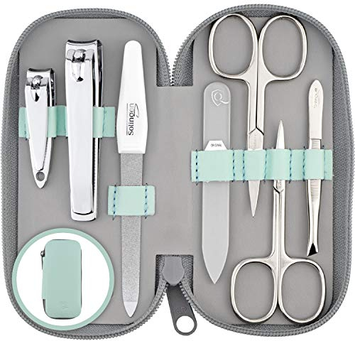 marQus Maniküre Set Damen und Herren Solingen Made in Germany 7 Teile mit patenierter Glasfeile für Hand- und Fußpflege - Echt Leder Etui handlich und weich
