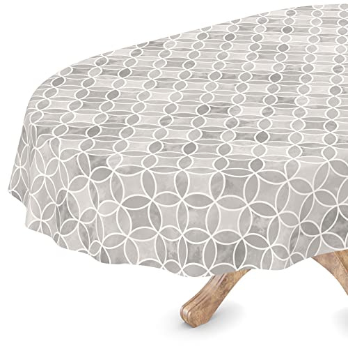 Nappe de table en toile cirée, lavable, ovale, bord coupé, motif kaléidoscope, gris, facile d'entretien, 140 x 160 cm