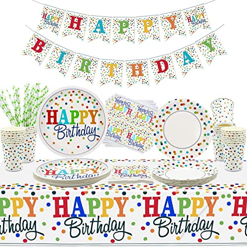 Rainbow Party Supplies - Birthday Banner, Colorful Mini Polka Dot Paper Plates, Napkins, Cups, Tablecloth, and Straws for Kid Adult Party Decorations, Serves 20 Guests