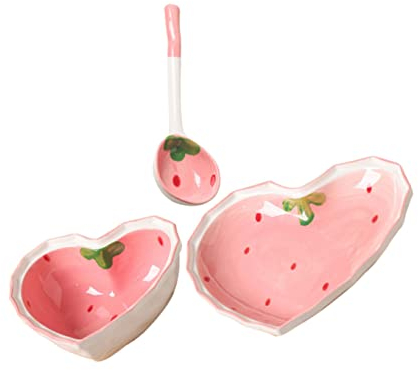 UPKOCH Ceramic Heart-Shaped Tableware Set - 3-Piece Serving Bowl, Plate & Spoon for Salads, Desserts & Dinner Parties | 21cm Pink Porcelain Dish Set, Dishwasher-Safe & Easy-Clean Home Entertaining