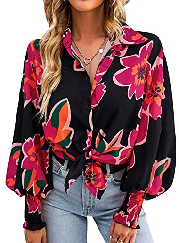 Chemise Fleurie Femme Blouse Volant Haut Femme Ete Chemisier Femme Chic Et Élégant Chemise Boutonnée Manche Longue Fluide Ample Casual Large Femmes Blouse Tunique Manches Longues Femme Noir L