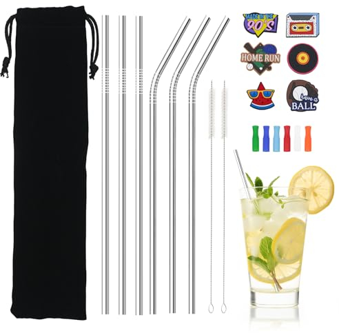 6 cannucce riutilizzabili in acciaio inox (3 dritte + 3 curve), Cannucce lunghe in metallo, Cannucce da 21 cm con 2 spazzole per cocktail, latte, frullati, caffè (Argentato)