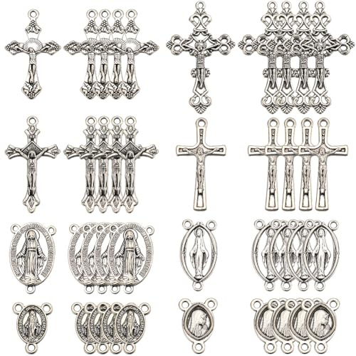 SUNNYCLUE 1 caja, 80 piezas, 8 estilos, Dijes de Cruz de Rosario, Dijes de Crucifijo de Plata, Estilo Tibetano Vintage, Aleación de Pascua, Conectores Ovalados, Dije de Eslabón de Araña para Hacer Joy