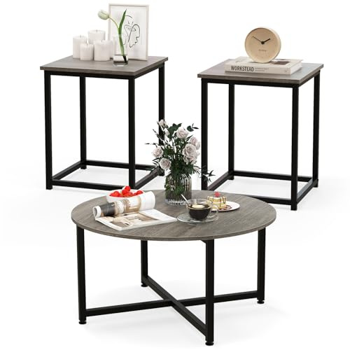 COSTWAY Coffee Table Set of 3, Wood Grain Round Coffee Table and 2 Square End Side Tables with Metal Frame, Modern 3-Piece Living Room Tables Set for Small Space, Apartment (Gray & Black)