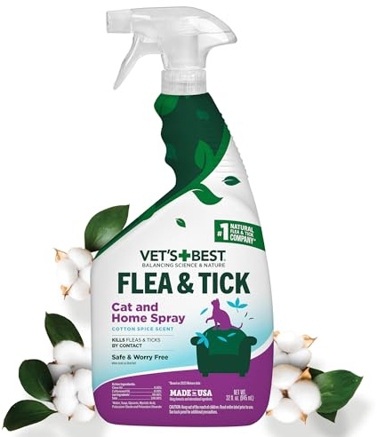 Vet’s Best Flea & Tick Home Spray for Cats – Plant-Based Flea and Tick Treatment with Cotton Spice Scent – Gentle Flea Mist for Indoor Use – Made in USA Natural Cat Flea Control – 32 oz