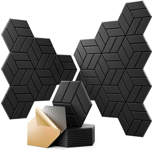 OTUOER 12Pcs Acoustic Panels with Self-adhesive, 12X 10X 0.4 Sound Proof Foam Panels for Walls, Hexagonal Soundproof Wall Panels High Density, Sound Panels for Home Studio Office (Black)