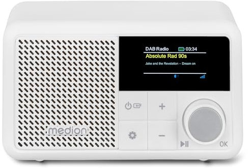 MEDION S66822 Tragbares Mini DAB+ Radio mit Bluetooth (Akku mit bis zu 6,5 Stunden, klein, dimmbares Farbdisplay, Teleskopantenne, Sleeptimer, Wecker, Snooze, AUX, USB-C) weiß