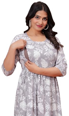 Jikonet mammaklänning för kvinnor, kurti tryckt mammaklänning, amningskläder bekväm amning kurta, Vit rök, XS