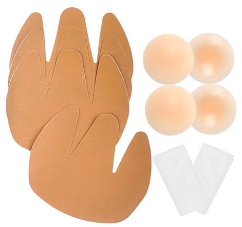 Wieysdoo Pack de 4 Cintas para Pechos Grandes, Sujetador Adhesivo sin Tirantes, Incluye 2 Pares de Cubiertas de Silicona para pezones, Beige, E- F Cup