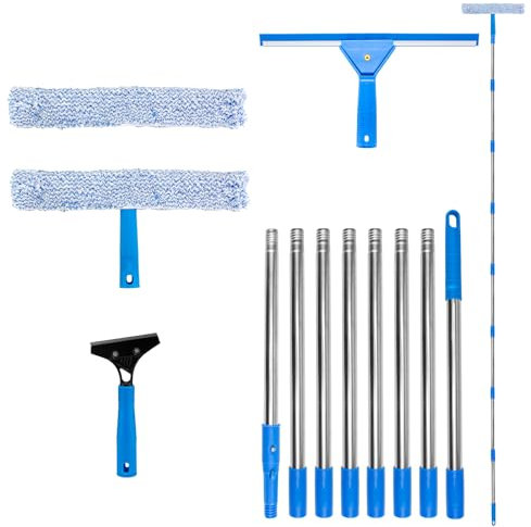 3M Telescopic Window Cleaning Kit - Extendable Pole with 35cm Squeegee & 38cm Scrubber for Windows, Shower Glass, Car, RV,Glass Cleaning Tools with Silicone Squeegee & Microfiber Scrubber (Blue)