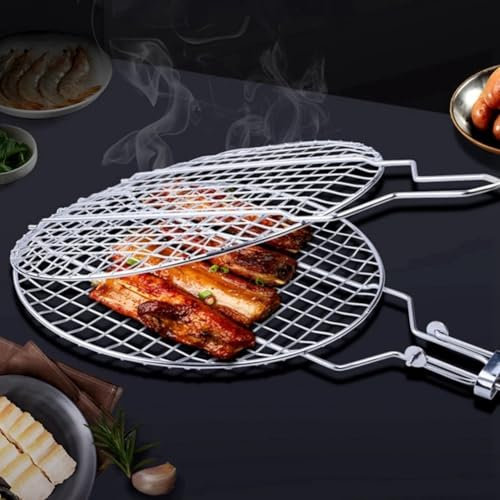 GLFLOW Double grille de barbecue ronde en acier inoxydable pliable avec poignée amovible verrouillable pour barbecue et barbecue extérieur 55 x 28 x 1,8 cm