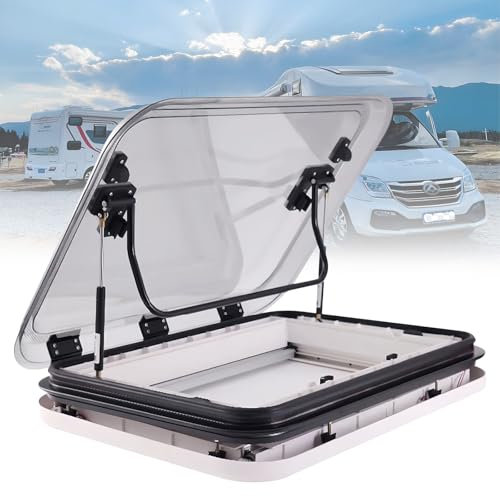 Fablestoryem RV Skylight Roof Vent Hatch, Compatible with RV Caravan Roof Window Hatch w/LED Light, Opening Angle: 70-80°, 800*500mm, Gray Acrylic