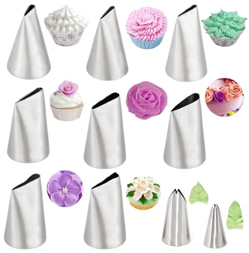 10 Pcs Beccucci Sac a Poche, Ruffle Piping Tips Set Fiori D'epoca e Foglie Ugelli di Ghiaccio in Acciaio Inossidabile Forniture da Cucina Fai da te per Torte Cupcakes