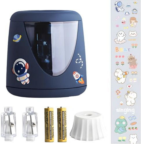 Tomedeks Taille-crayon électrique pour enfants – Design astronaute, 2 modes (USB & manuel), 60×85 mm, avec 2 lames de rechange, set de stickers, sûr, compact, idéal école et maison