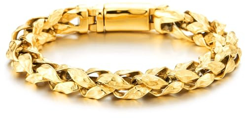 COOLSTEELANDBEYOND Bracciale da Uomo in Acciaio Inossidabile Oro Maglie Martellate Catena Trecciata Stile Punk