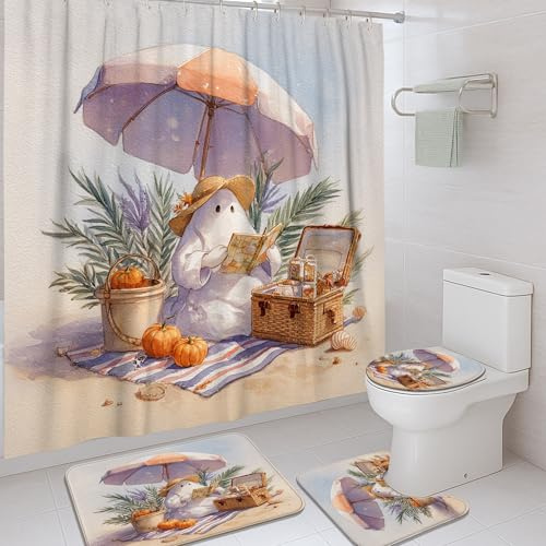 Juego de 4 cortinas de ducha fantasma, color azul claro con paraguas naranja, accesorios para decoración de baño, cortina de ducha moderna de tela impermeable con ganchos, 72 x 72 pulgadas
