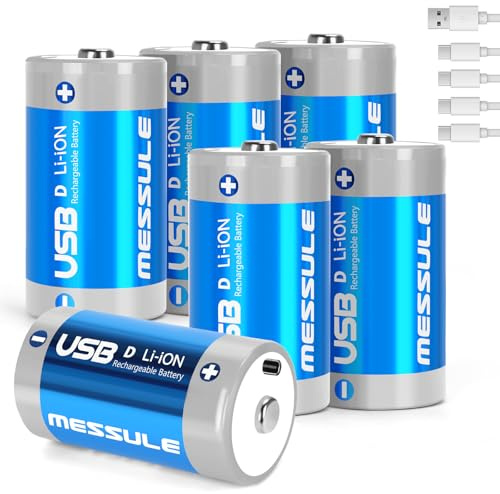 messule Rechargeable Lithium D Batteries with 4 in 1 USB-C Charge Cable,6 Pack D Cell Li-ion Battries,LR20 1.5V D Size Cell Battery Replacement 7500mWh for Floodlight Toys(6 Pcs)