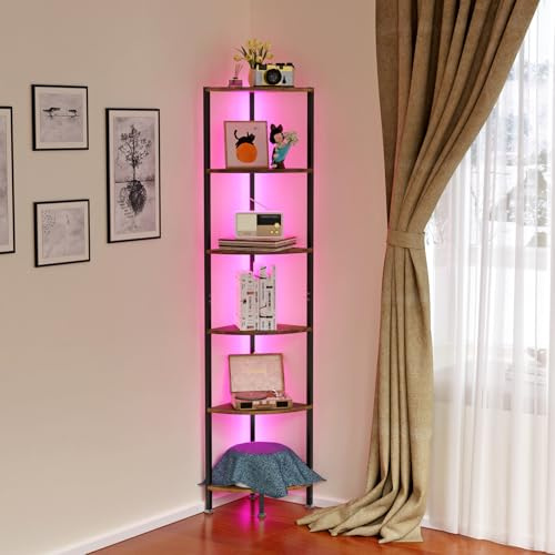 HaodaCulture Estante esquinero de 6 Niveles, Estantería con Luz LED, Estanteria de Almacenamiento, Estantería de Esquina para Sala de Estar, Dormitorio, Cocina, Oficina en casa, marrón