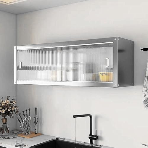 Meuble Haut de Cuisine Matériaux Acier Inoxydable et Acrylique Meuble Suspendu Salle de Bain avec Portes Coulissantes for Les Garages, Les Caves et Les Entrepôts Charge Maximale 25 Kg(90 * 30 * 40cm)