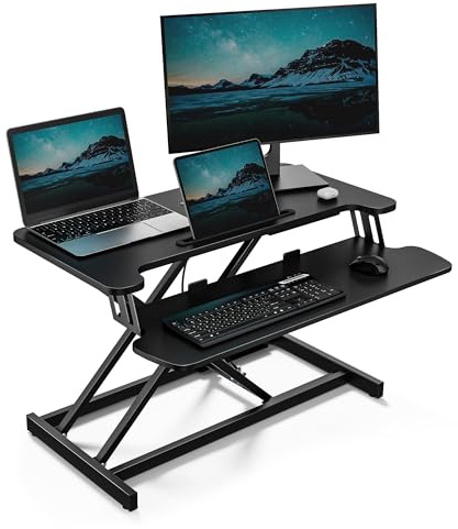 VonHaus Convertisseur de Bureau Debout, Poste de Travail Assis-Debout Réglable en Hauteur, avec Plateau pour Clavier, Support pour Tablette (Noir)