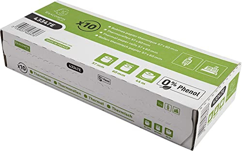 Exacompta 43347E Scatola da 10 bobine per scontrini e carta di credito 57mm x 60 mm Carta termica 55 g/m² senza fenolo. Bianco